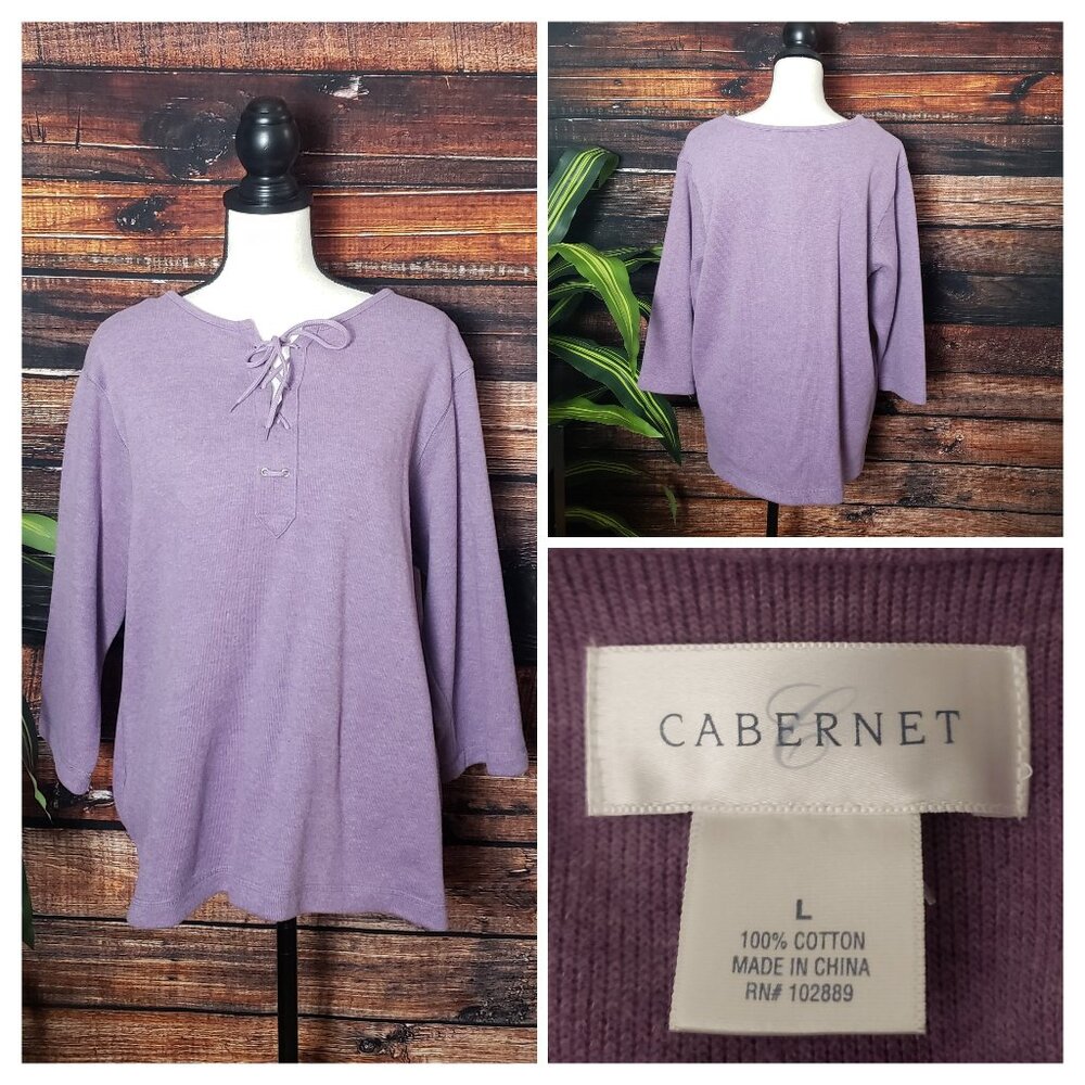 Cabernet Sweater Large Purple Lace Front Pullover 3/4 Sleeves Cotton